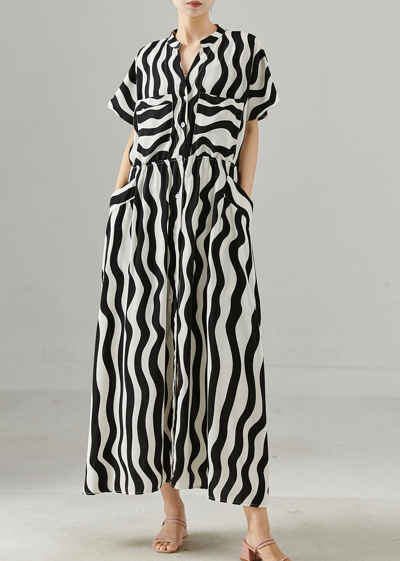 Black Tie Waist Striped Chiffon Work Dress Summer