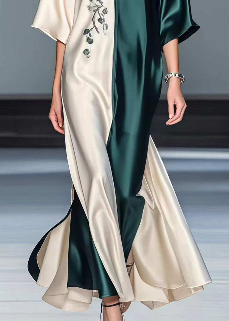 Boutique Colorblock V Neck Patchwork Silk Long Dresses Half Sleeve