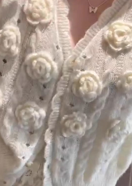 Beige V Neck Hollow Out Knit Cardigans Winter