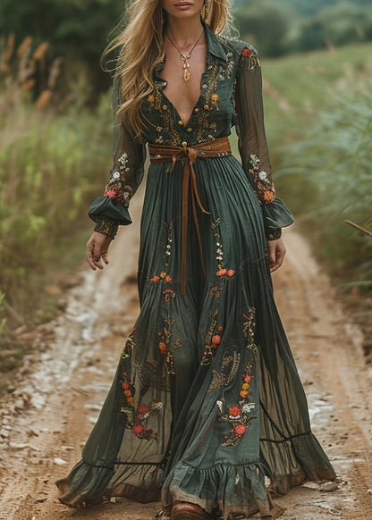 Green Peter Pan Collar Print Wrinkled Cotton Long Dresses Fall