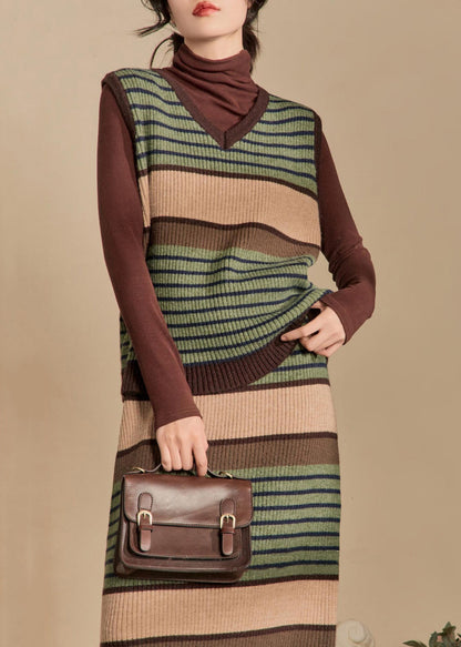 New Green Striped Vest and Skirts Knit Two Pieces Set Sleeveless