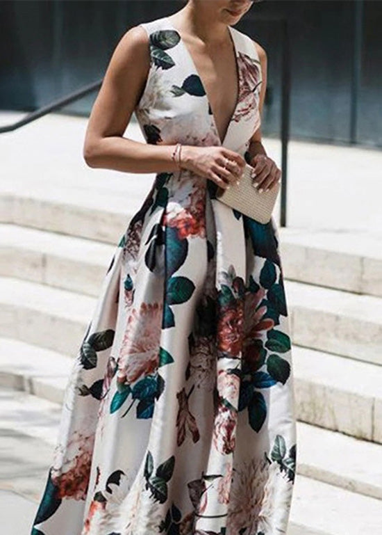 Stylish White V Neck Print Wrinkled Cotton Long Dresses Sleeveless