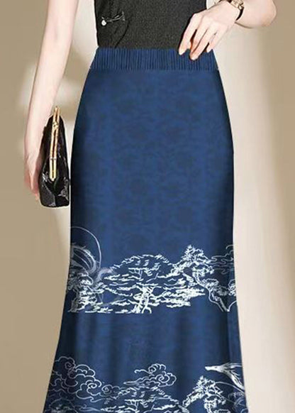 Navy Print Side Open Cotton Skirt Summer