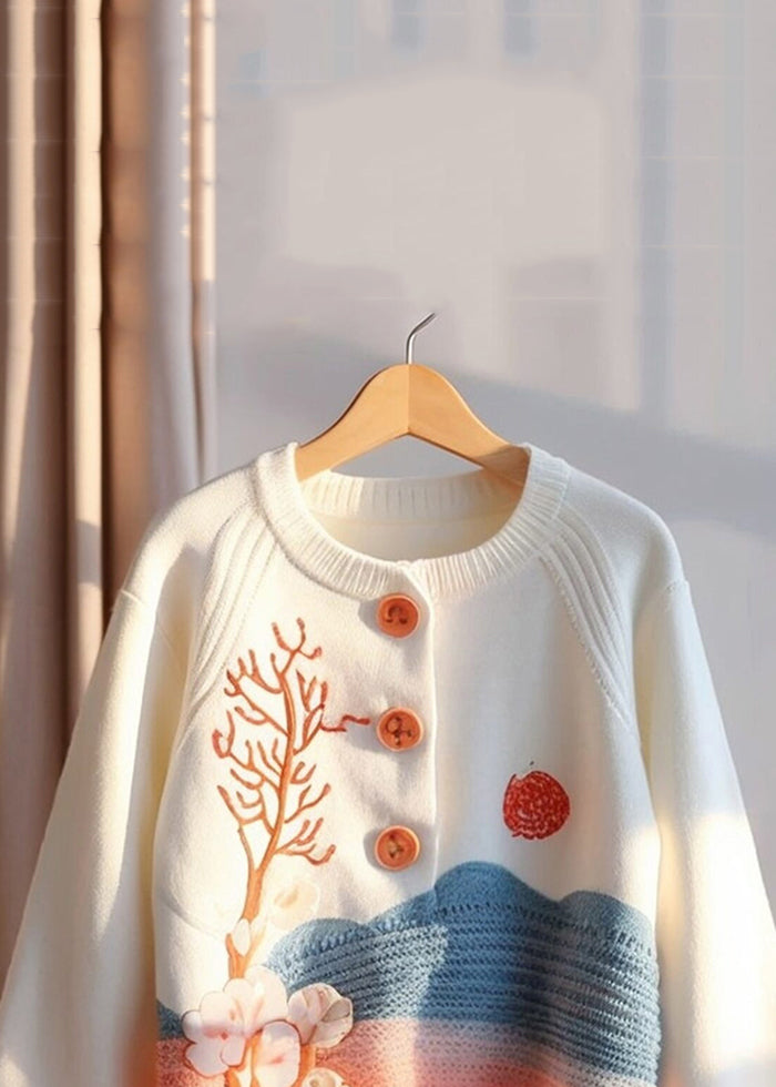 Beige Print Button Knit Sweaters Fall