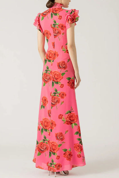 Cheongsam Style Rose Print Tiered Flare Sleeve Stretch Maxi Dress