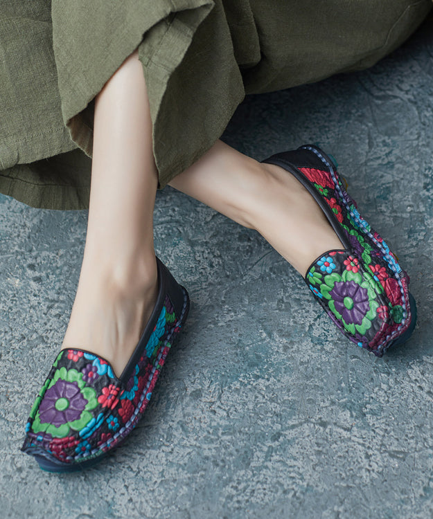 Rose Cowhide Leather Embossed Handmade Flat Feet Shoes