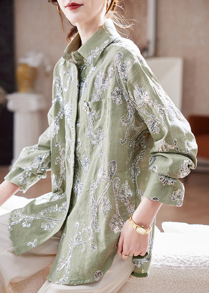 Style Green Sequins Button Cotton Top Lantern Sleeve