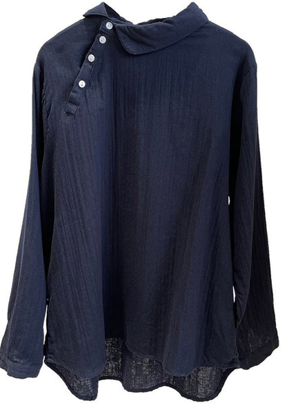 Fine Navy Asymmetrical Stand Collar Cotton Shirts Spring