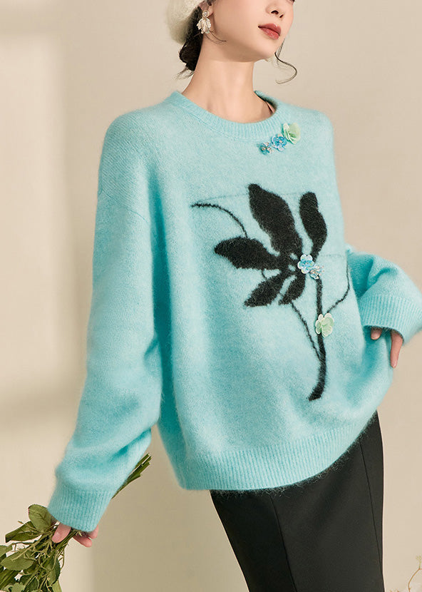 Blue Print Patchwork Thick Cotton Knit Sweater Long Sleeve