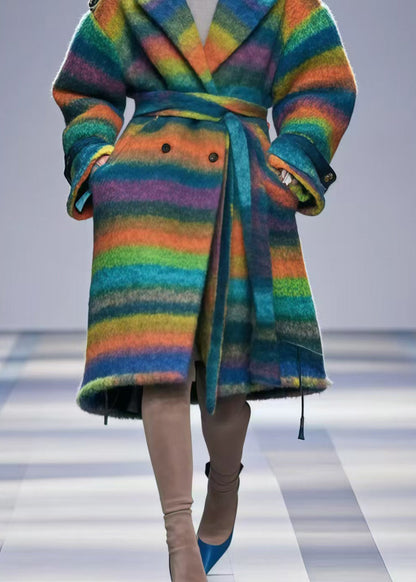 Rainbow Striped Double Breast Thick Woolen Trench Fall