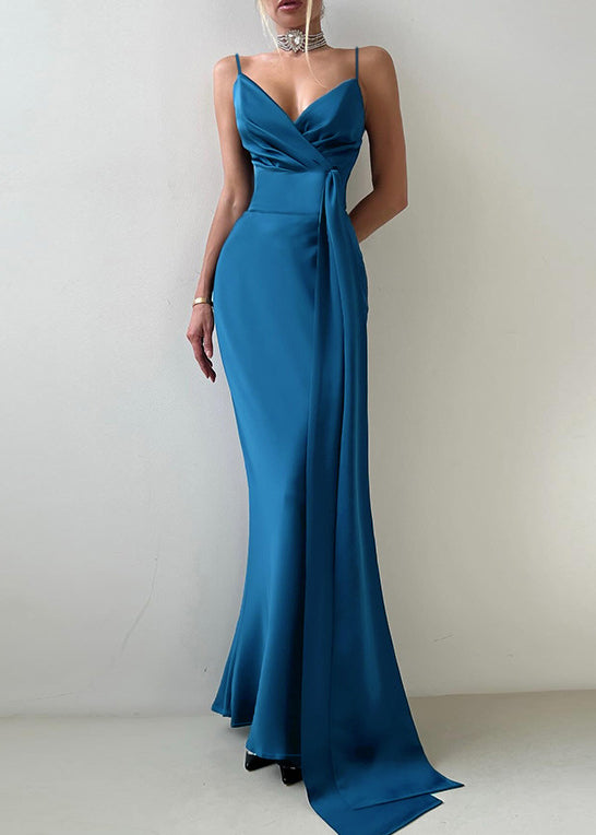 Navy Wraped Bow Silk Vestidos Dress Summer