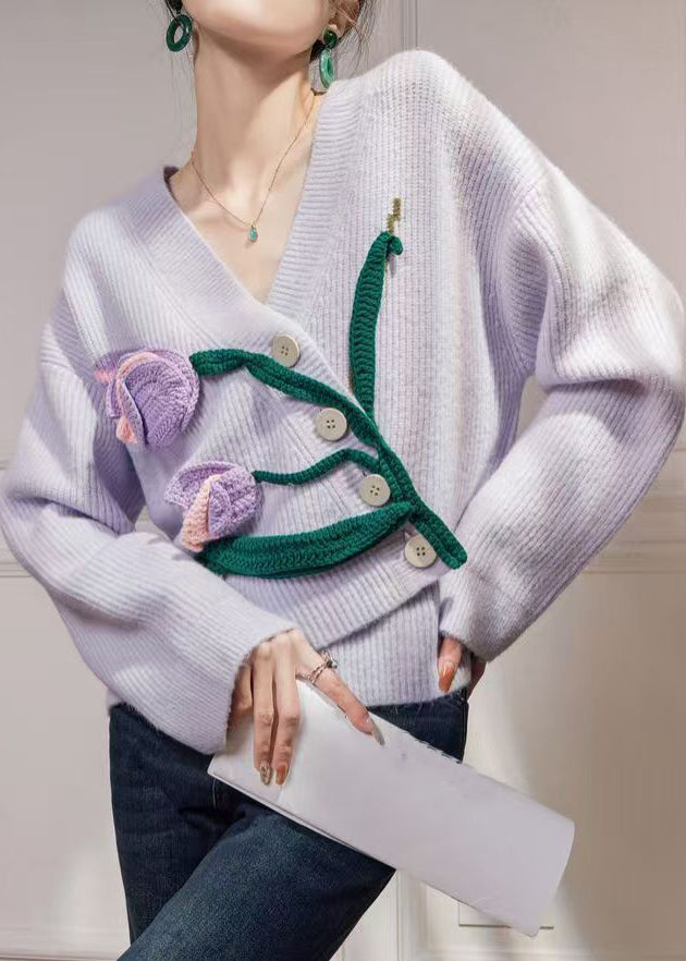 Purple Asymmetrical Button Knit Cardigan Winter