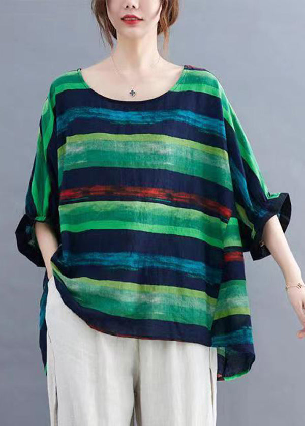 Orange O Neck Striped Cotton Top Batwing Sleeve