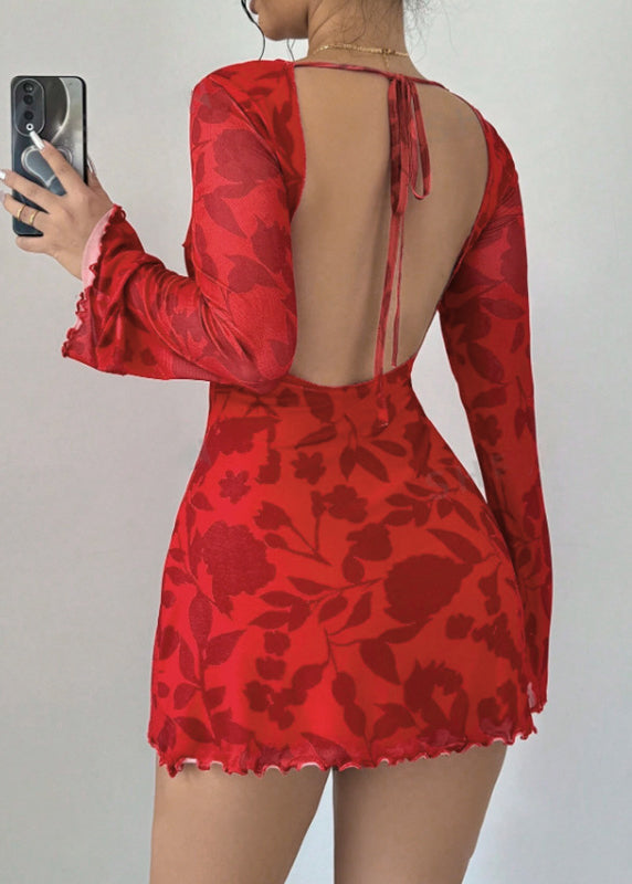 Red Backless Print Lace Up Cotton Dresses Flare Sleeve