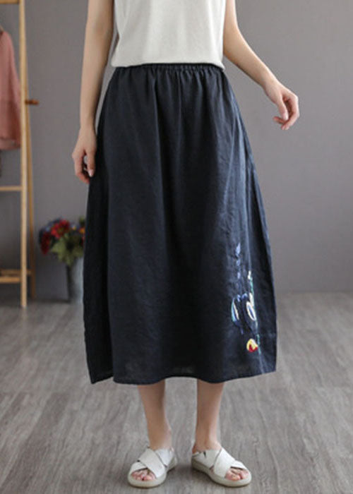 Black Elastic Waist Embroidered Linen a Line Skirts Spring