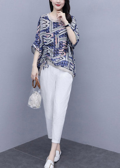 Blue Print Top and Pants Two Pieces Set Summer