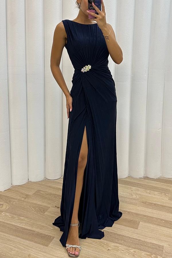 Special Pleated Embellished Slit Evening Maxi Dress