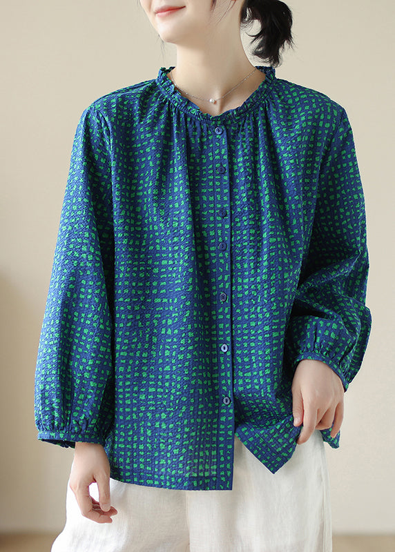 New Blue Ruffled Print Cotton Shirt Tops Spring