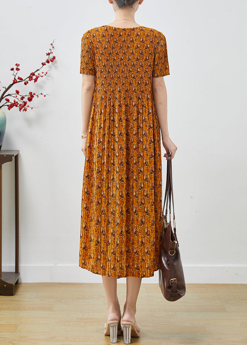 Yellow Print Chiffon Pleated Dress Summer