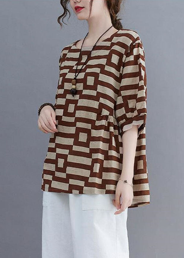 Organic Coffee O-neck Print Patchwork Cotton T Shirt Summer