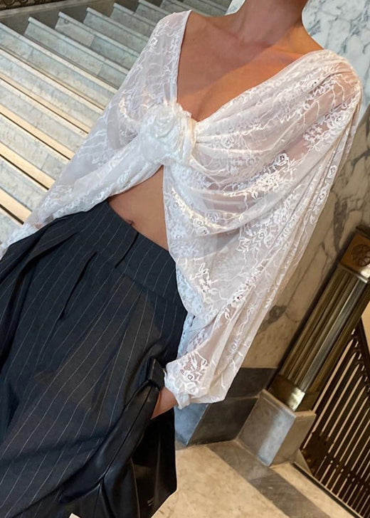 White V Neck Lace Top Spring