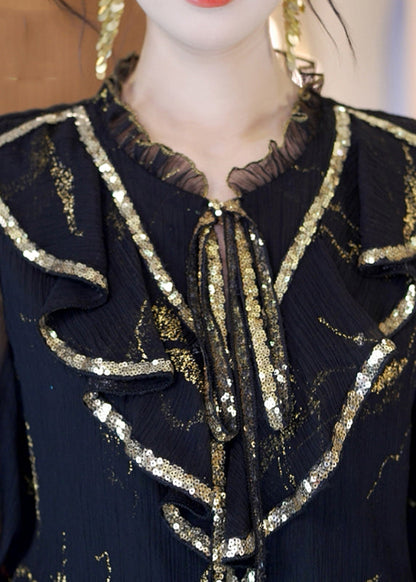 Black Stand Collar Sequins Chiffon Top Short Sleeve