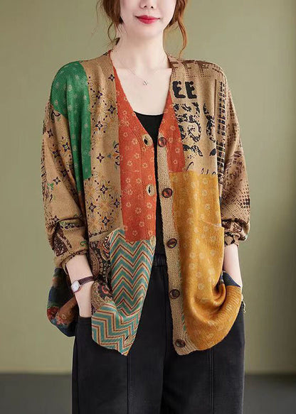 Colorblock V Neck Button Knitting Cotton Coat Fall