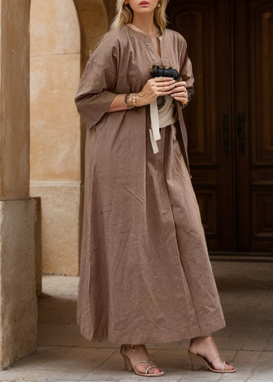 Khaki V Neck Cotton Maxi Dresses Summer