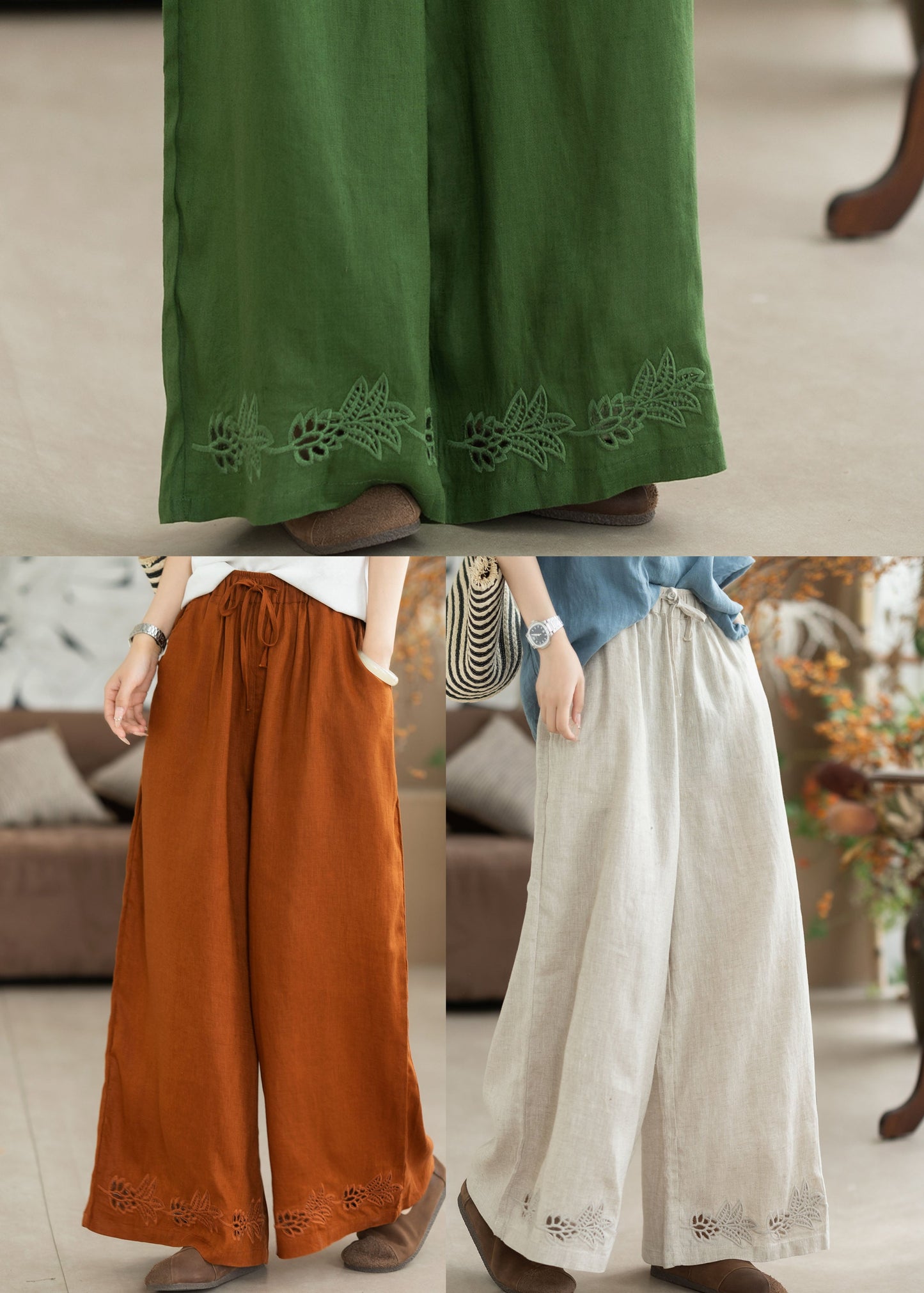 White Embroidered Elastic Waist Linen Straight Pants Summer