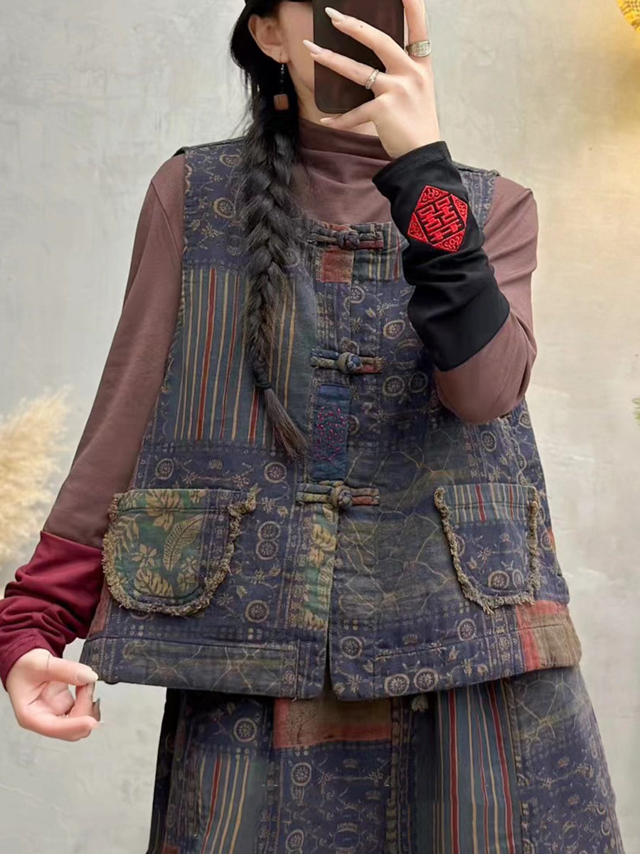 Flower Raw-edge O-neck Cotton Vest