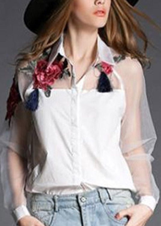 Organza White Peter Pan Collar Embroidered Tulle Patchwork Cotton Shirts Long Sleeve