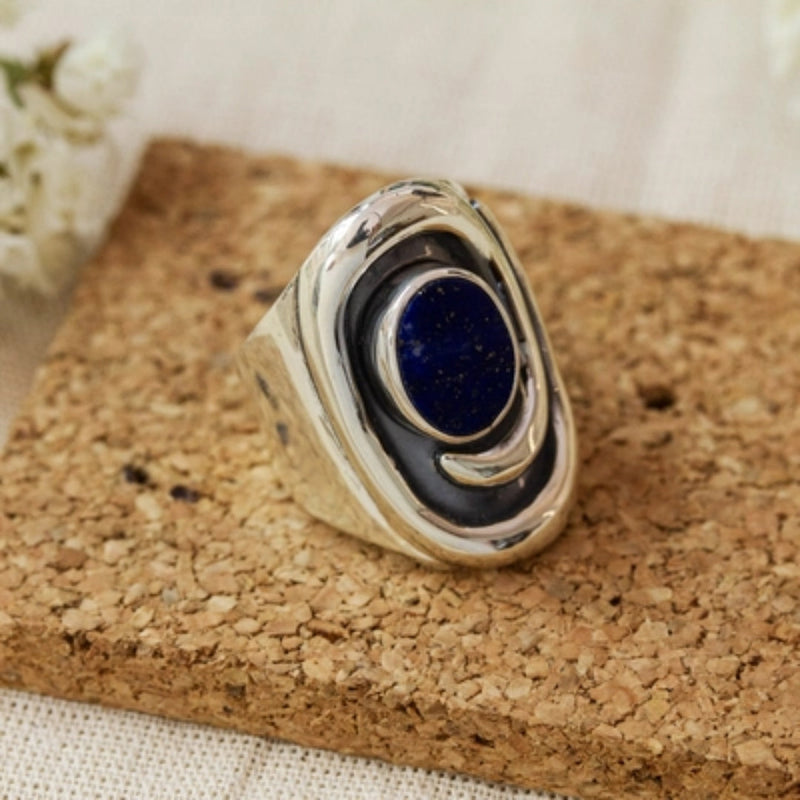Dark Inlaid Stone Silver Ring