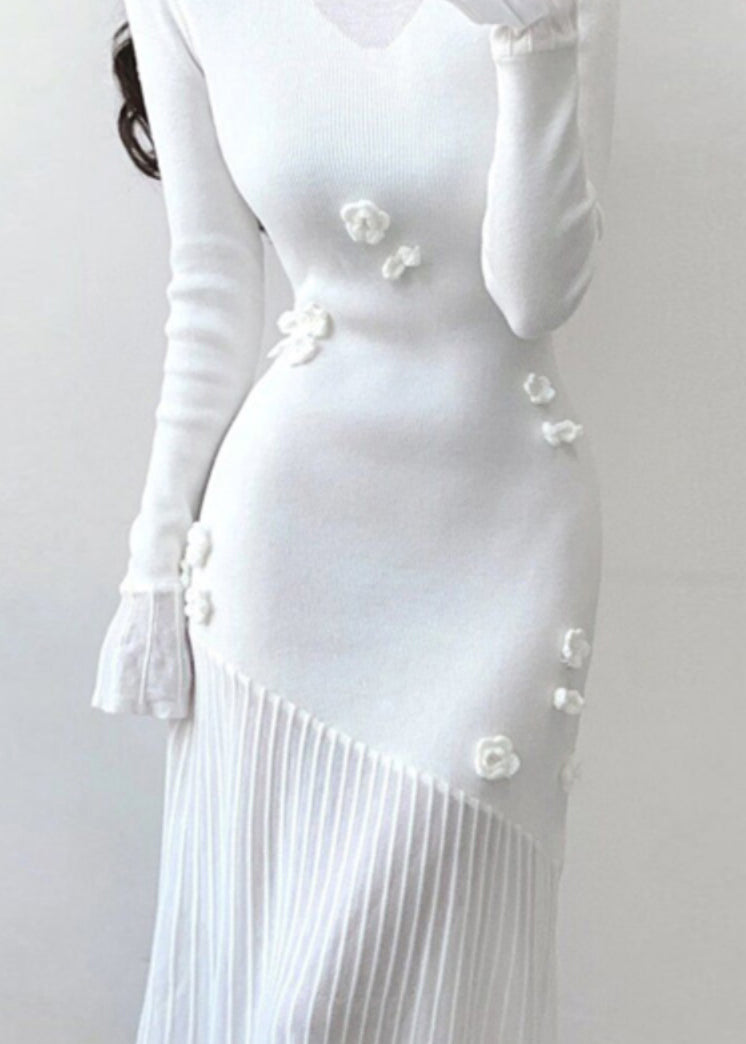 White Turtleneck Knit Patchwork Long Dresses Spring