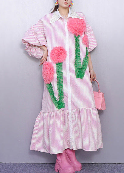 Pink Striped Flower Decorated Cotton Dresses Puff Sleeve
