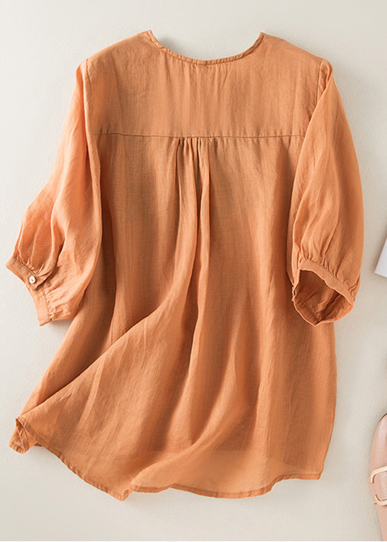 Diy Orange V Neck Embroidered Low High Design Linen Top Half Sleeve