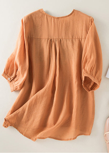 Diy Orange V Neck Embroidered Low High Design Linen Top Half Sleeve