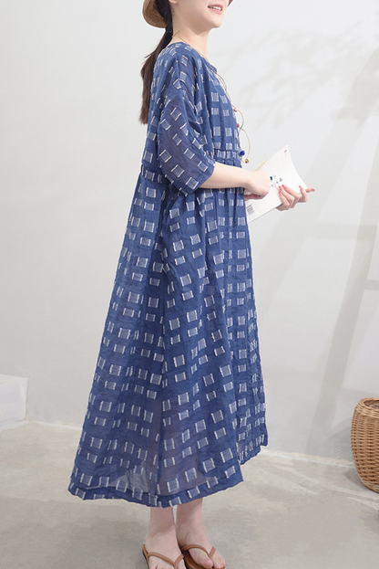 Summer Short Sleeve Dress Tencel Checkered Long Dress