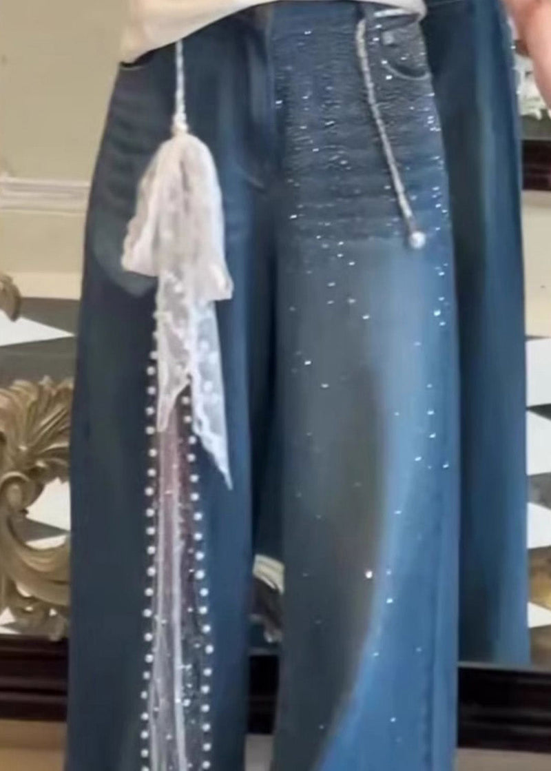 Blue Pockets Zircon Lace Patchwork Denim Pants Fall
