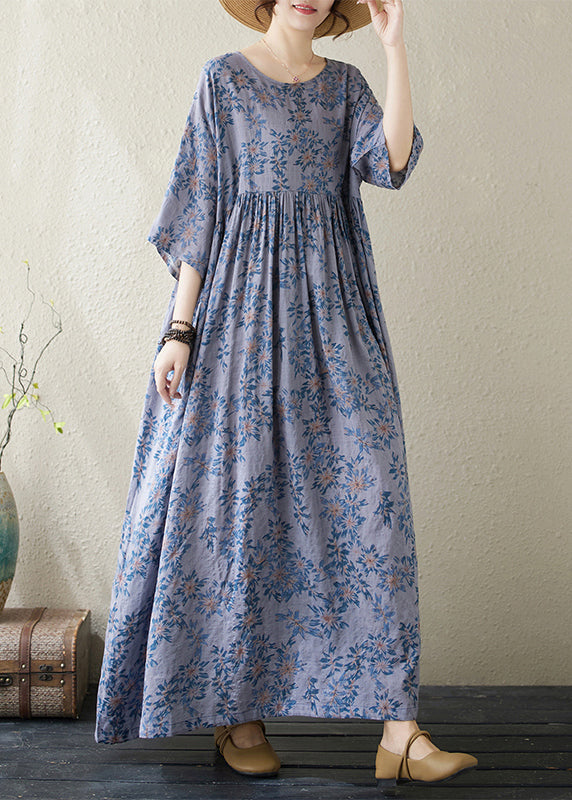 Handmade Blue O Neck Print Cotton Dress Summer