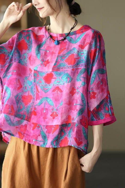 Print Ramie Loose Cinched T-shirt