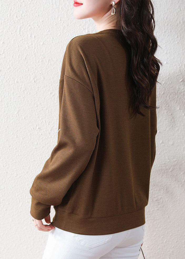 Stylish Coffee O Neck Bow Cotton Sweatshirt Spring