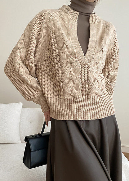 Khaki Cozy Knit Sweaters V Neck Fall