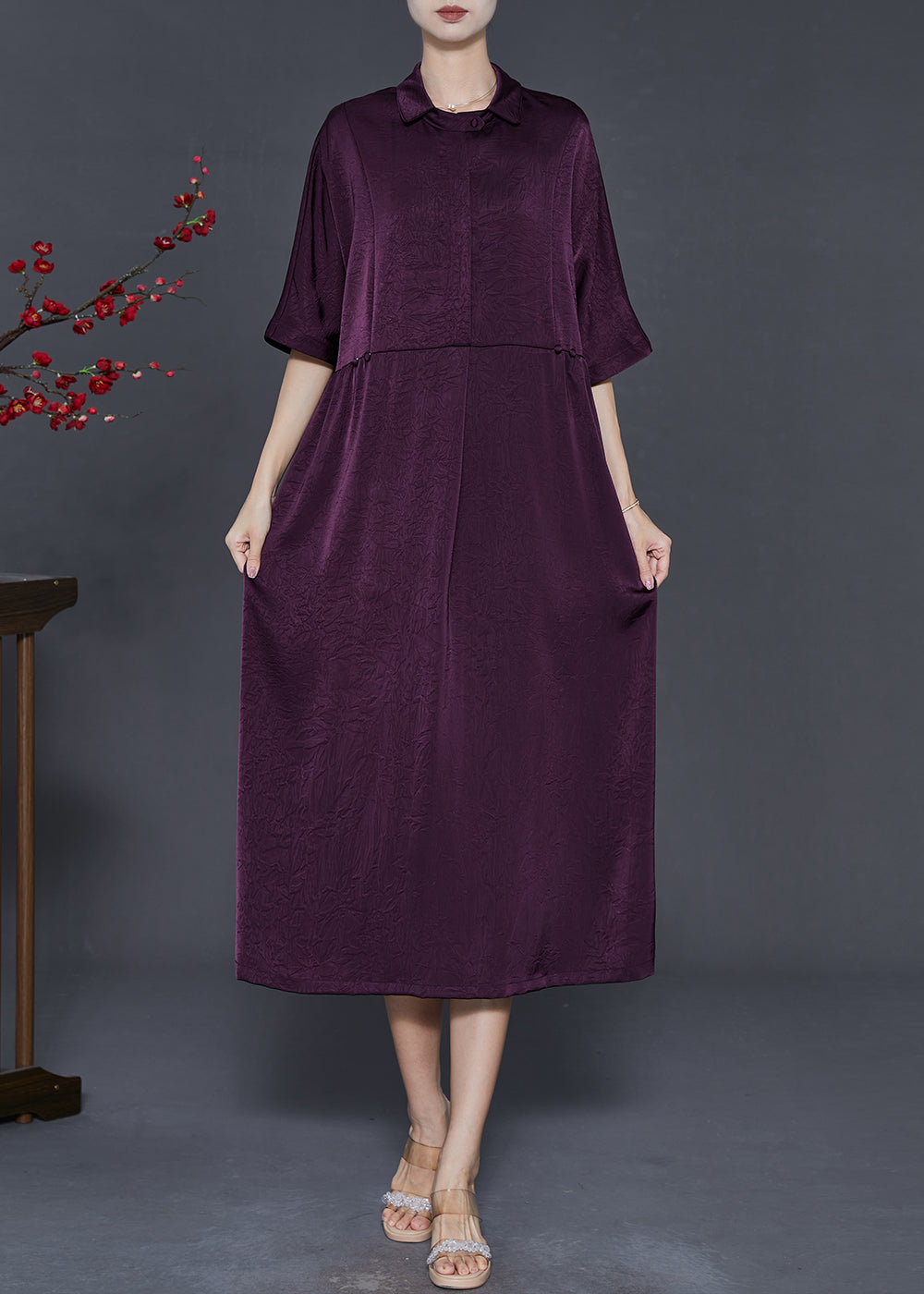 Dull Purple Jacquard Silk Vacation Dresses Summer