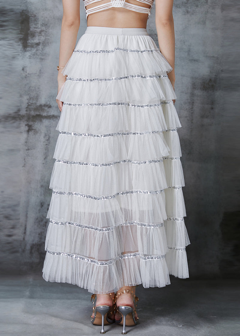 French White Sequins Patchwork Layered Tulle Skirts Fall