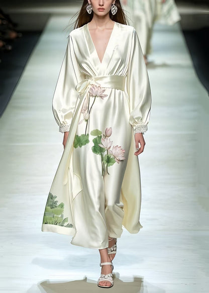 Milk White Tunic Lotus Flower Print Silk Dresses Spring