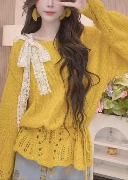 Yellow Hollow Out Bow Knit Sweaters Fall