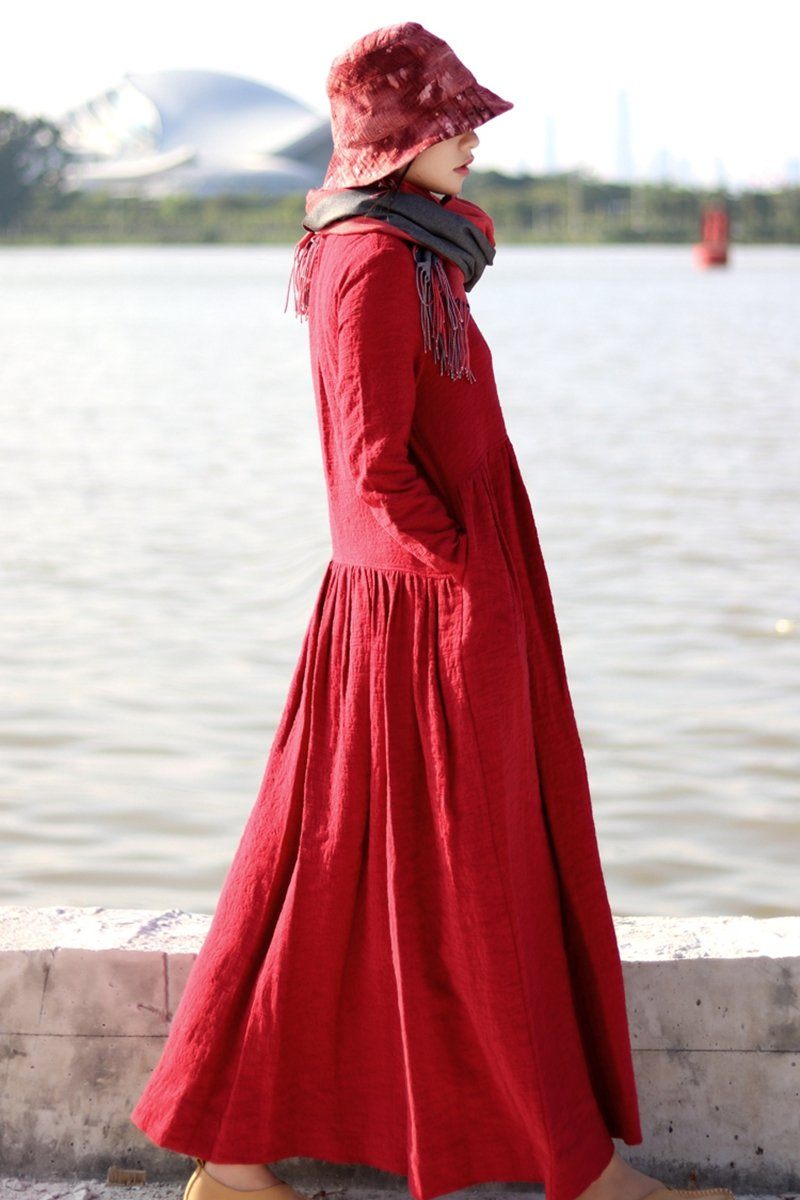 Embroidered Linen Dresses Long Sleeve Linen Caftans Gown for Fall/winter