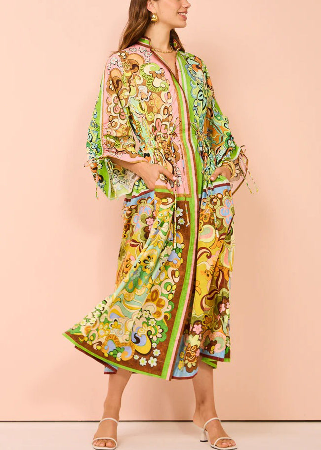 Green Lace Up Print Pockets Cotton Shirts Dress Spring