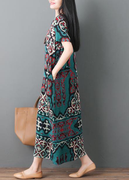 Loose Waist Cotton Linen Soft Surroundings Linen Green Prints Dresses Summer
