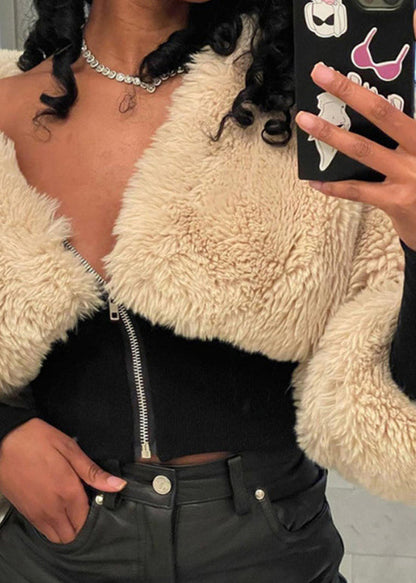 Apricot Zip Up Patchwork Faux Fur Jacket Fall